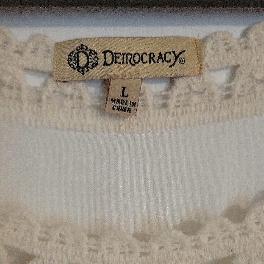 Democracy Cream Lace Trim Boho Blouse Size L Crochet Detail - Picture 3 of 12